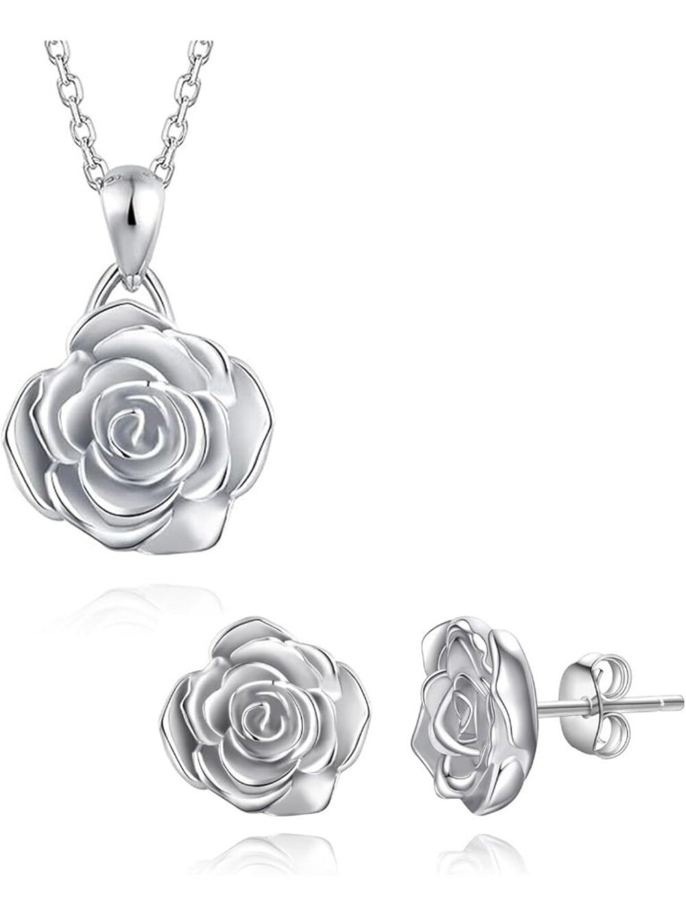 Sterling Silver 925 Rose Flower Pendant Necklace & Earrings Set for Women